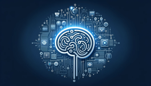 Ilustración vectorial minimalista representando la inteligencia artificial con un cerebro digital y redes neuronales en tonos azules y plateados.