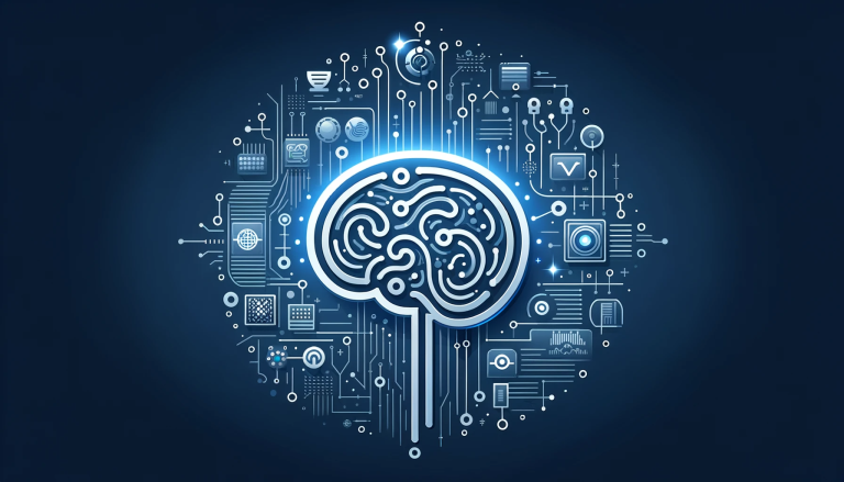 Ilustración vectorial minimalista representando la inteligencia artificial con un cerebro digital y redes neuronales en tonos azules y plateados.