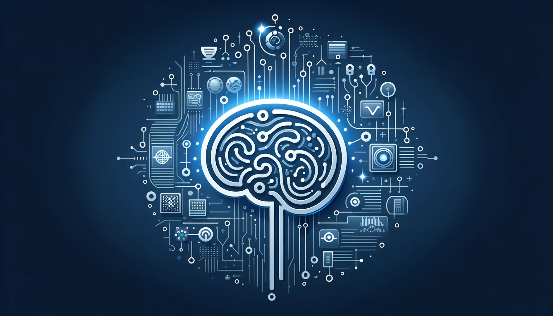 Ilustración vectorial minimalista representando la inteligencia artificial con un cerebro digital y redes neuronales en tonos azules y plateados.
