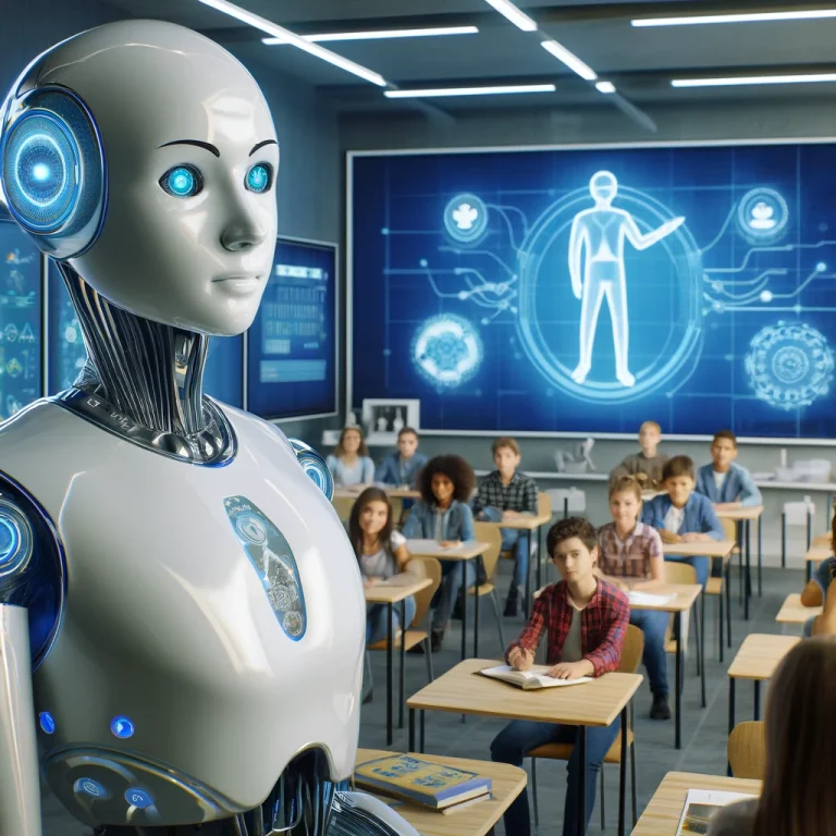 Robot del futuro con hologramas de pizarras, representando las tendencias en tecnología educativa para 2024