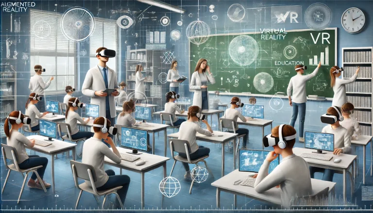 Aula virtual utilizando realidad aumentada, mostrando estudiantes interactuando con hologramas educativos