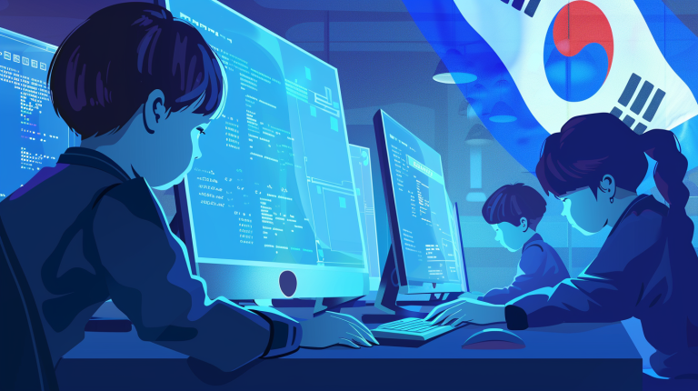 Estudiantes de primaria usando computadoras con la bandera de Corea del Sur de fondo