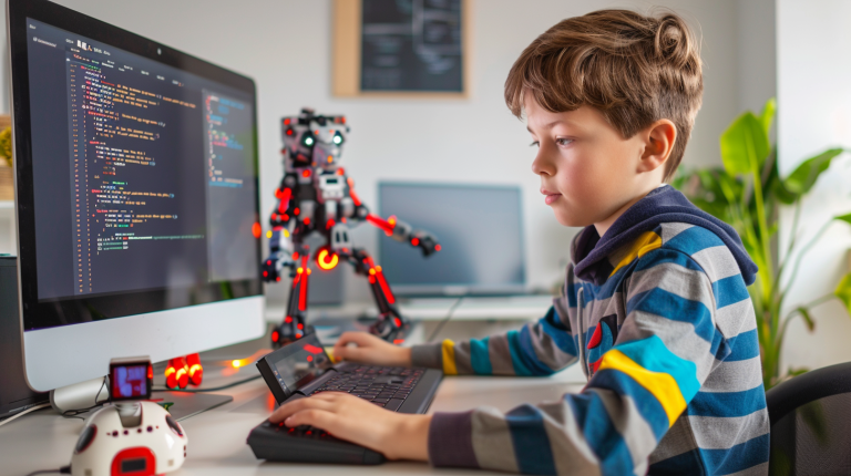 Niños de primaria aprendiendo programación en un aula