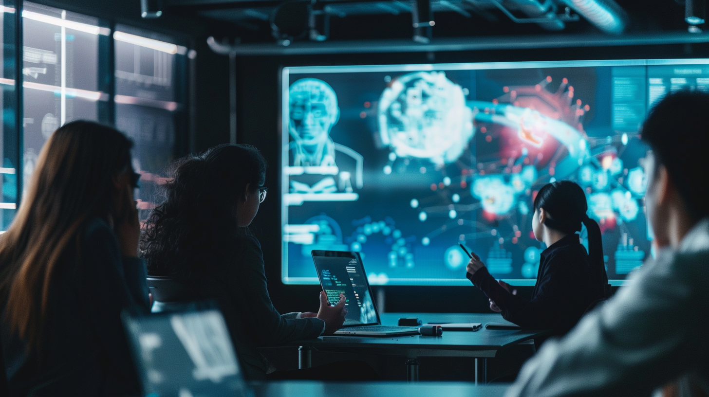 Estudiantes y educadores interactuando con herramientas de inteligencia artificial generativa.