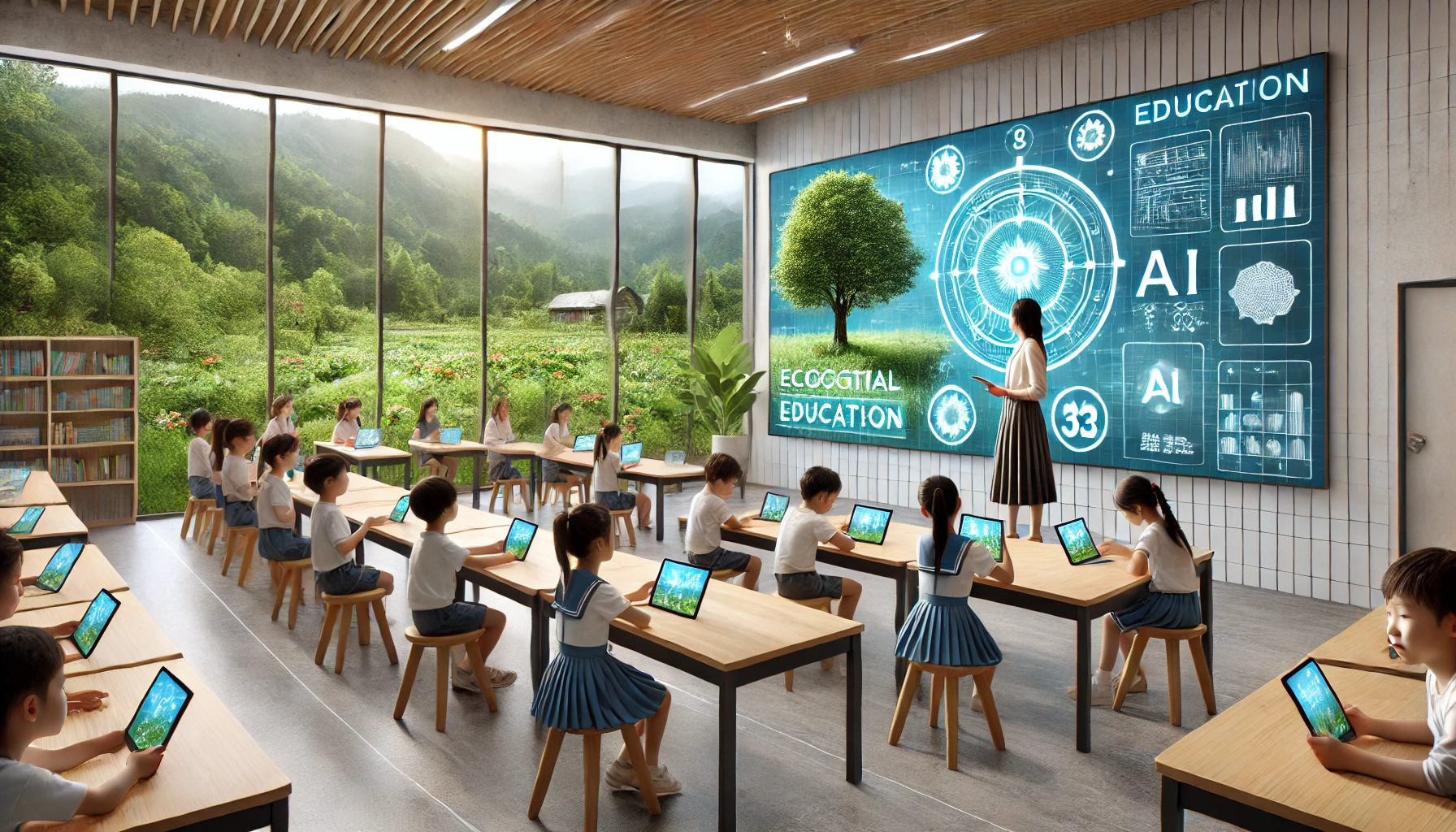 Aula moderna en una escuela primaria china con tecnología avanzada de IA