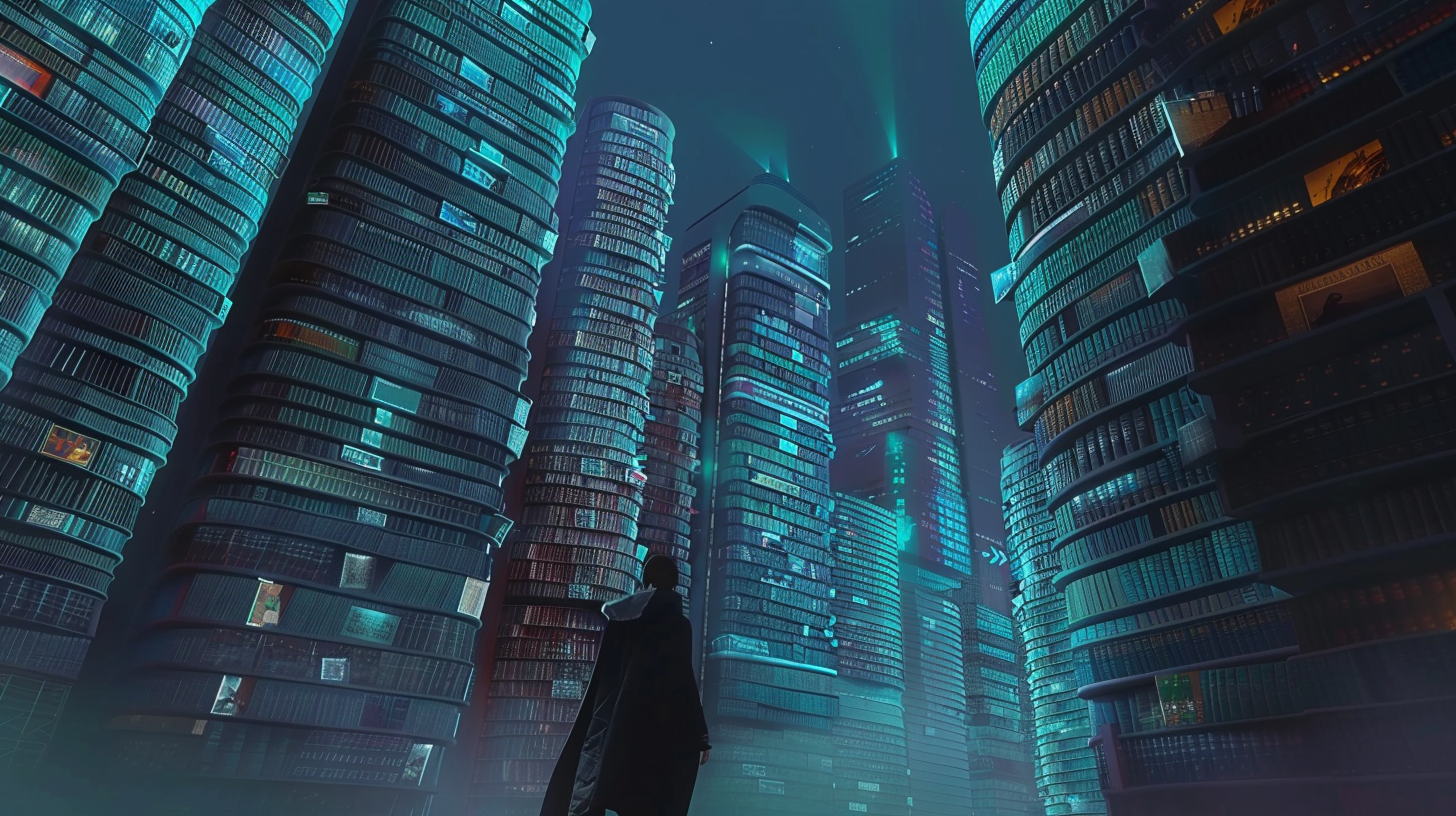 Una ciudad futurista en la que los rascacielos están construidos completamente de libros, iluminada por luces azules y verdes, con una figura humana observando el paisaje.