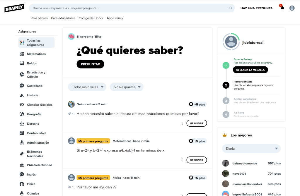 Interfaz de Brainly una vez registrado