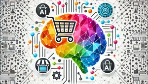 Cerebro representando IA junto a un icono de carrito de compras simbolizando el retail