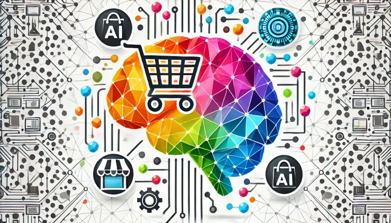 Cerebro representando IA junto a un icono de carrito de compras simbolizando el retail