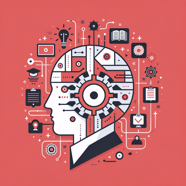 Imagen conceptual de la inteligencia artificial y la educación. Ilustración minimal vectorial minimalista, pocos colores, bien definido. Claro y concreto. Colores rojos y blancos fuertes.