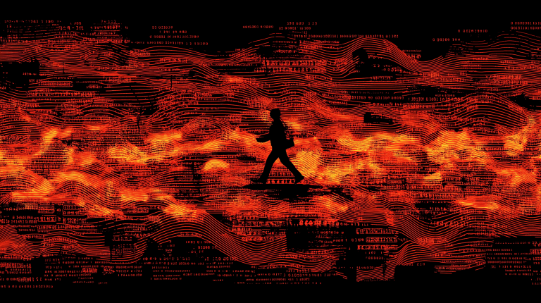 Silueta humana caminando entre flujos de datos digitales en tonos de calor extremo, símbolo del impacto climático y la inteligencia artificial