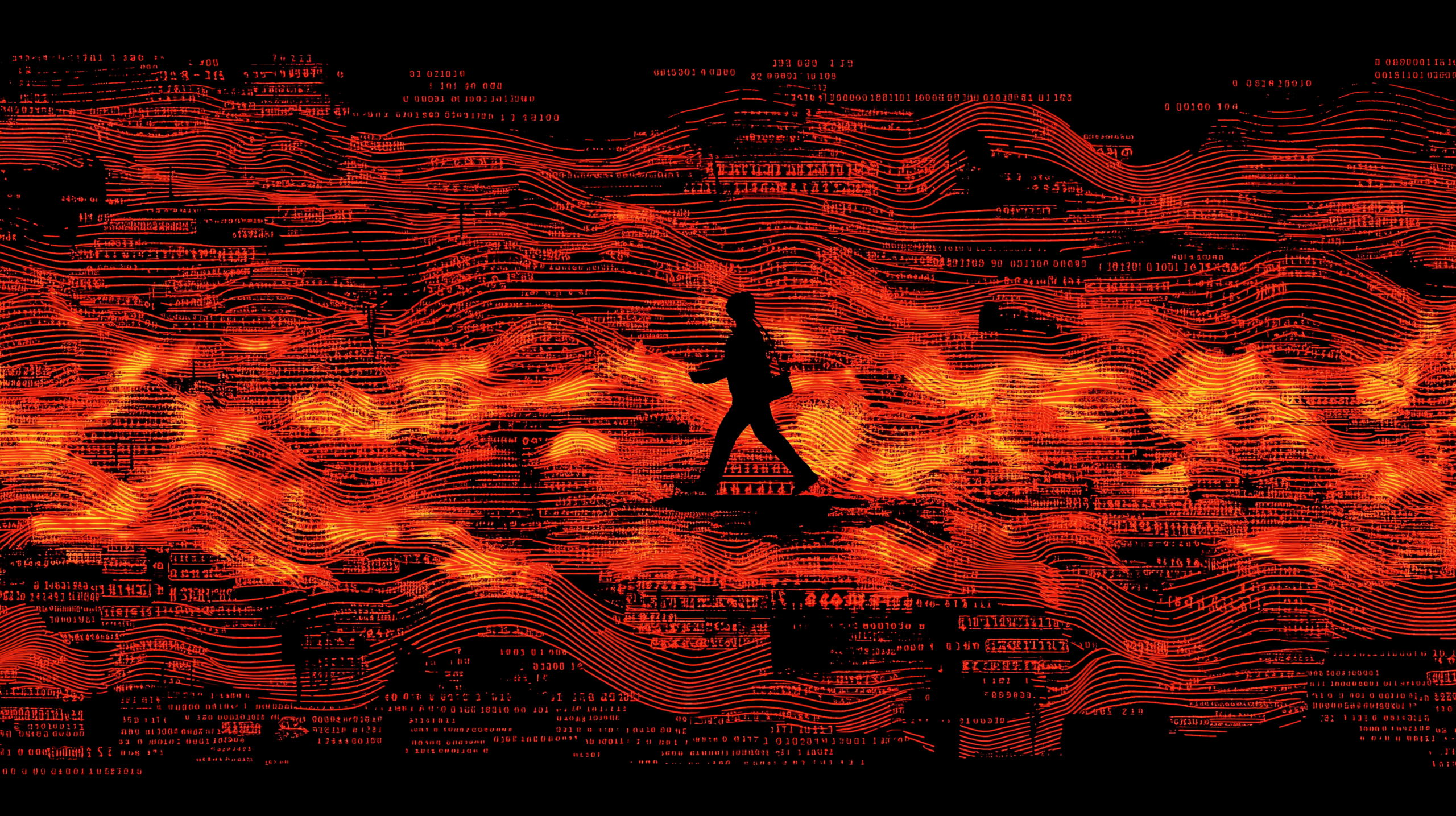 Silueta humana caminando entre flujos de datos digitales en tonos de calor extremo, símbolo del impacto climático y la inteligencia artificial