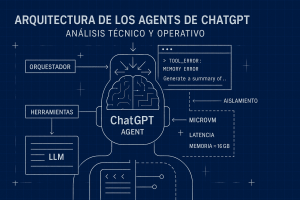 Diagrama técnico en estilo blueprint que representa la arquitectura de un Agent de ChatGPT, con capas etiquetadas como Orquestador, Herramientas, LLM, MicroVM y Aislamiento. Incluye referencias a errores de memoria y límites de ejecución.
