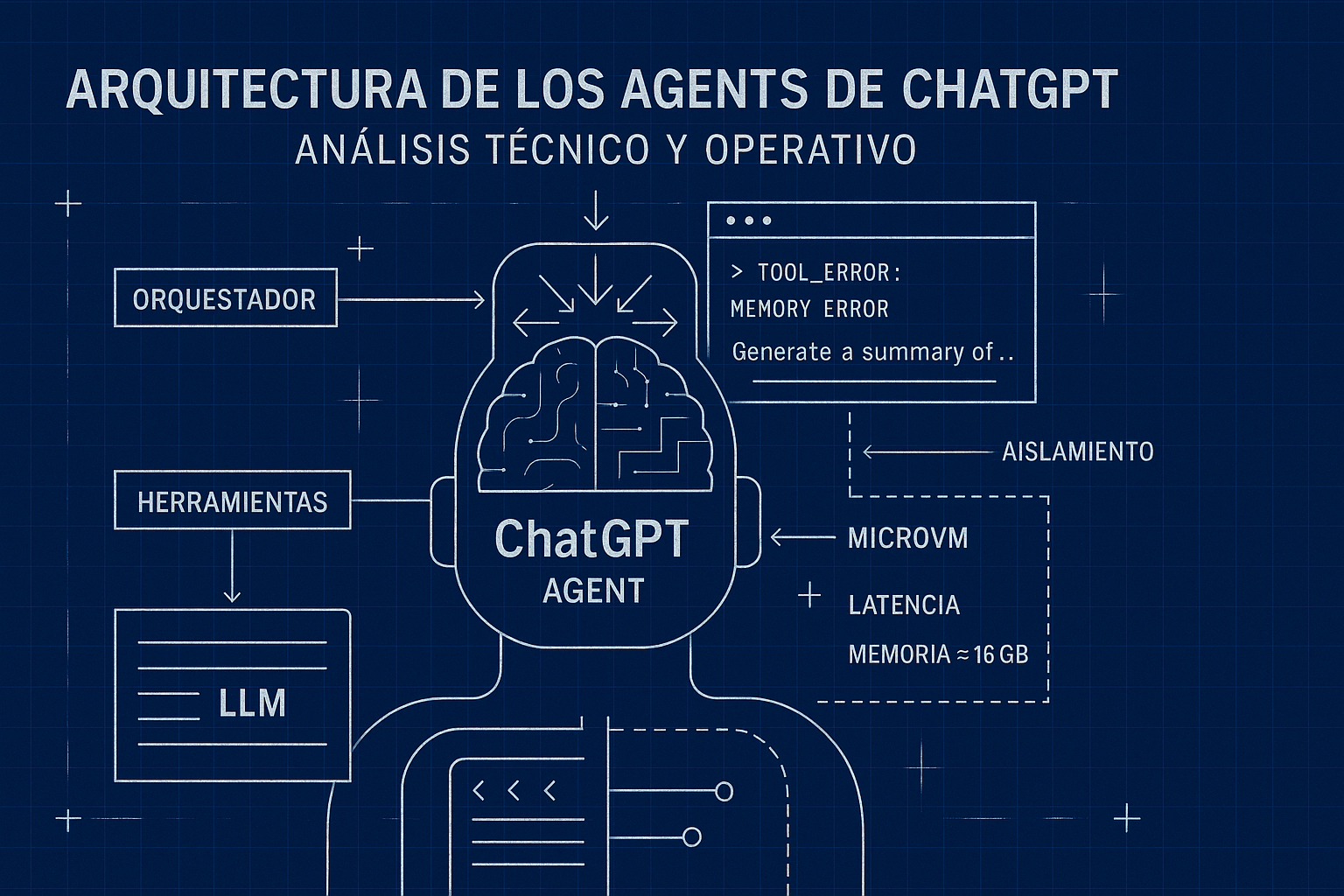 Diagrama técnico en estilo blueprint que representa la arquitectura de un Agent de ChatGPT, con capas etiquetadas como Orquestador, Herramientas, LLM, MicroVM y Aislamiento. Incluye referencias a errores de memoria y límites de ejecución.