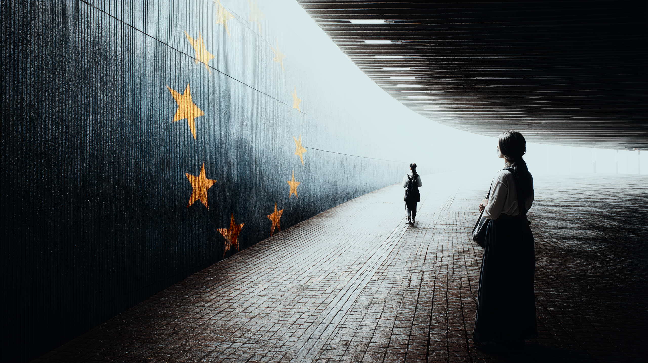 Personas caminando por un túnel urbano iluminado, con estrellas de la bandera de la Unión Europea en la pared, simbolizando el avance hacia la regulación de la inteligencia artificial