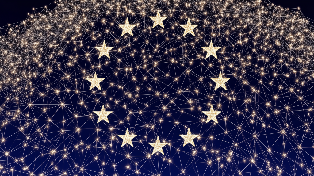 Red de conexiones neuronales digitales formando la bandera de la Unión Europea, símbolo de la regulación tecnológica del AI Act