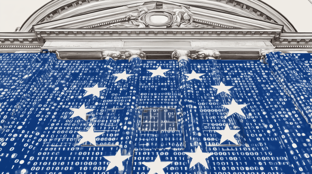 Fachada de edificio clásico cubierto con una cortina de datos binarios y la bandera de la Unión Europea, representando la regulación digital y el AI Act