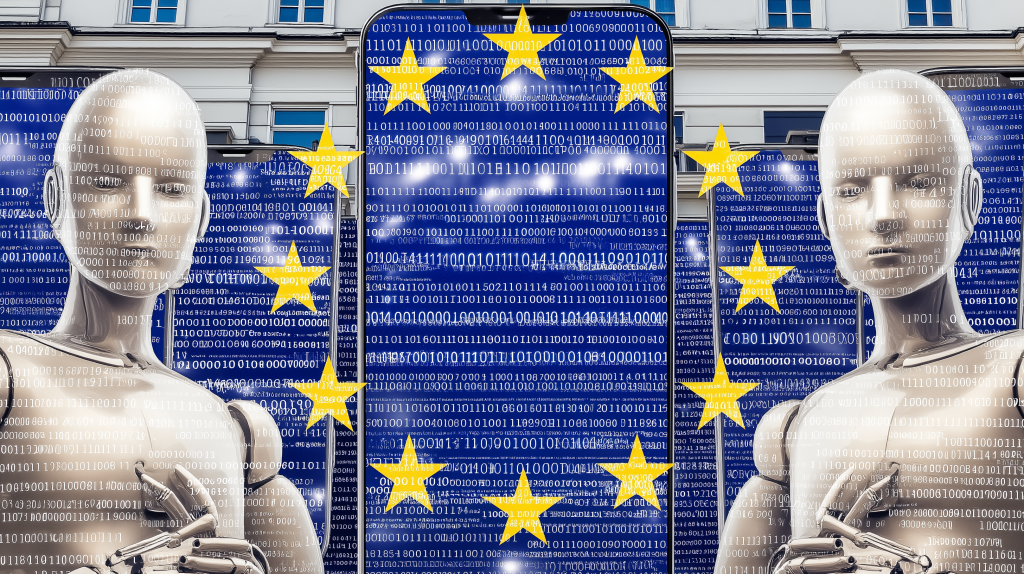Dos robots humanoides frente a un edificio institucional, cubiertos por datos binarios y rodeados por la bandera de la Unión Europea