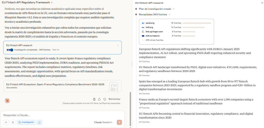 Captura de Claude Research con plan y 343 fuentes para “EU fintech API research”; temas PSD2, DORA y PSD3/AI Act