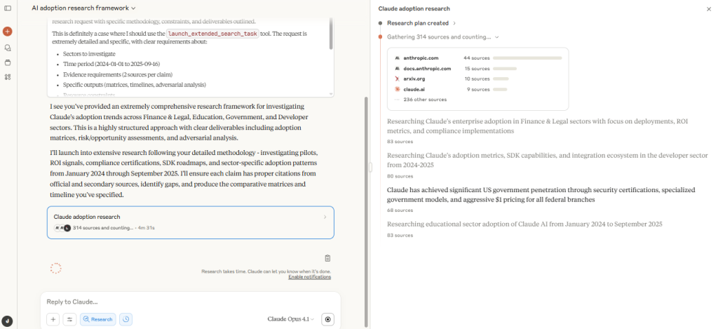Screenshot: "Claude adoption research" panel with "Research plan created" and "Gathering 300+ sources", listing anthropic.com, docs.anthropic.com, arxiv.org and claude.ai.