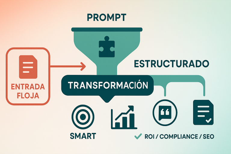 Infografía que muestra cómo un prompt flojo se transforma en un prompt estructurado para lograr objetivos SMART, ROI, compliance y SEO.