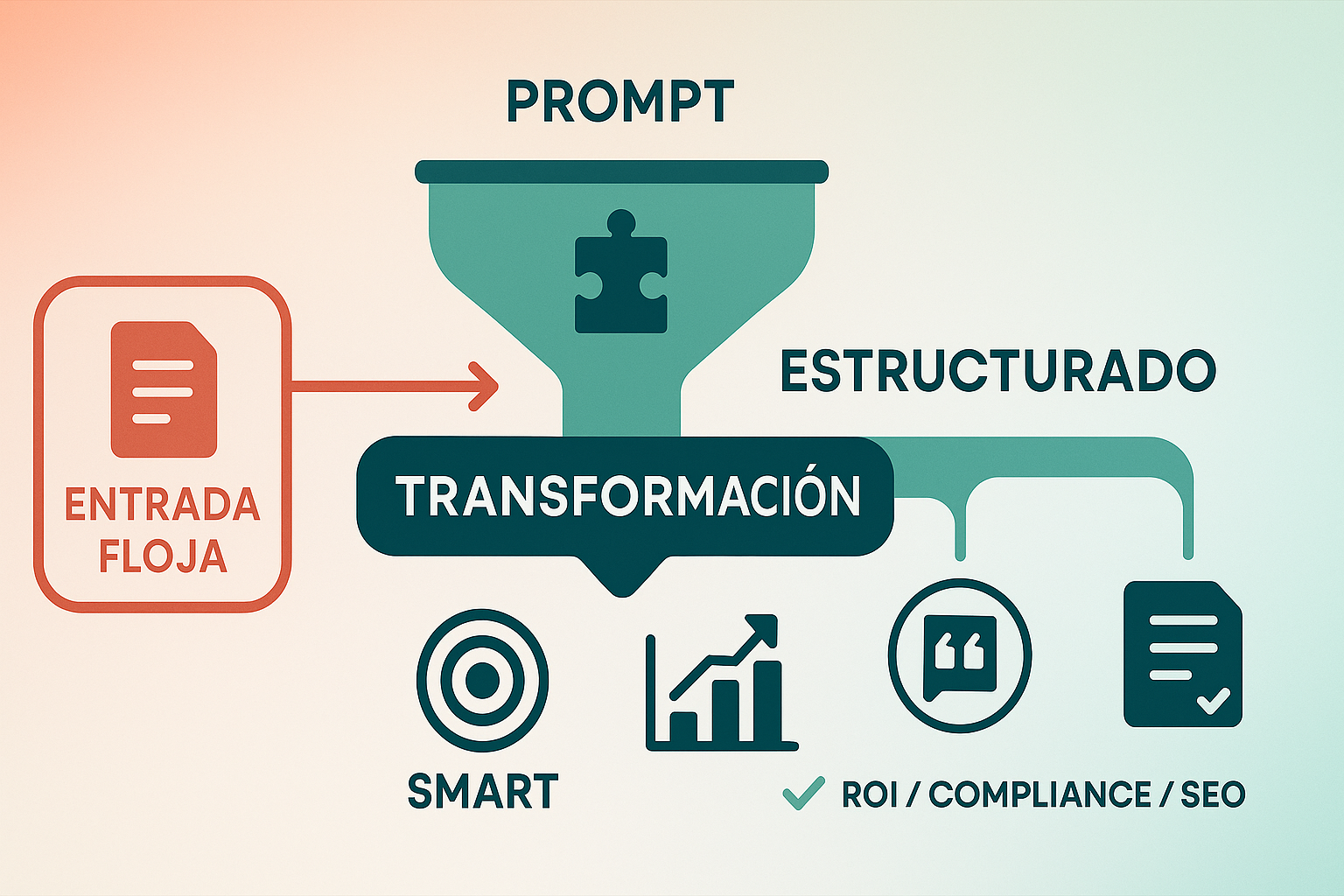 Infografía que muestra cómo un prompt flojo se transforma en un prompt estructurado para lograr objetivos SMART, ROI, compliance y SEO.